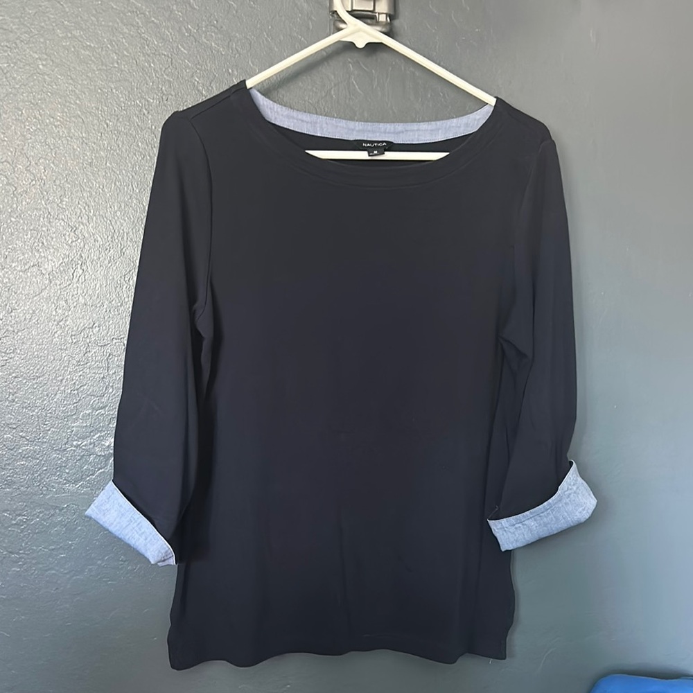 Nautica Black and Blue Fitted 3/4 Sleeve Blouse